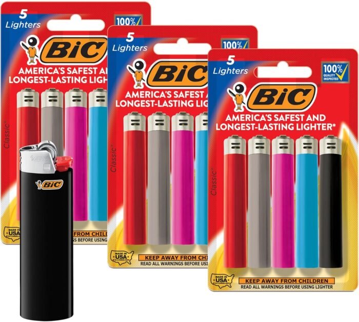 BIC Classic Lighters, Pocket Style, Safe Child-Resistant, Assorted Colors (packaging may vary), 5-Count (Pack of 3)