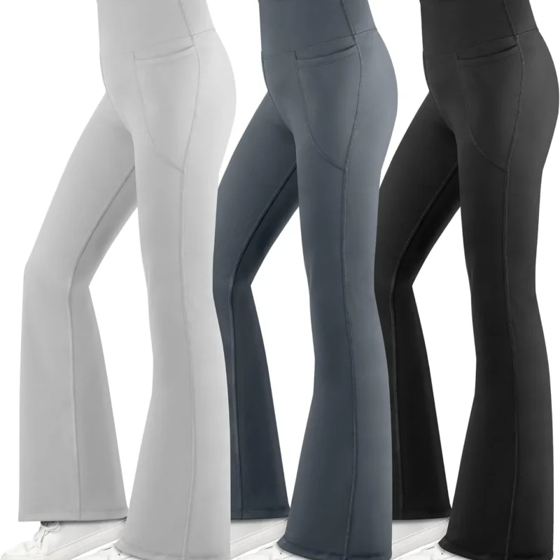 BIG ELEPHANT Girl's Flare Leggings with Pockets, Kids Bootcut Yoga Pants, High Waisted Bell Bottoms for Dance