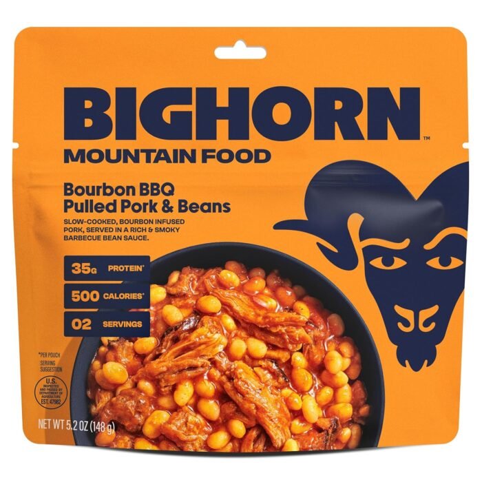 BIGHORN Mountain Food Bourbon BBQ Pulled Pork and Beans - premium freeze dried meals for backpacking food - dehydrated camping food for backpacking meals - ideal camping meals just add water - great taste - 2 servings