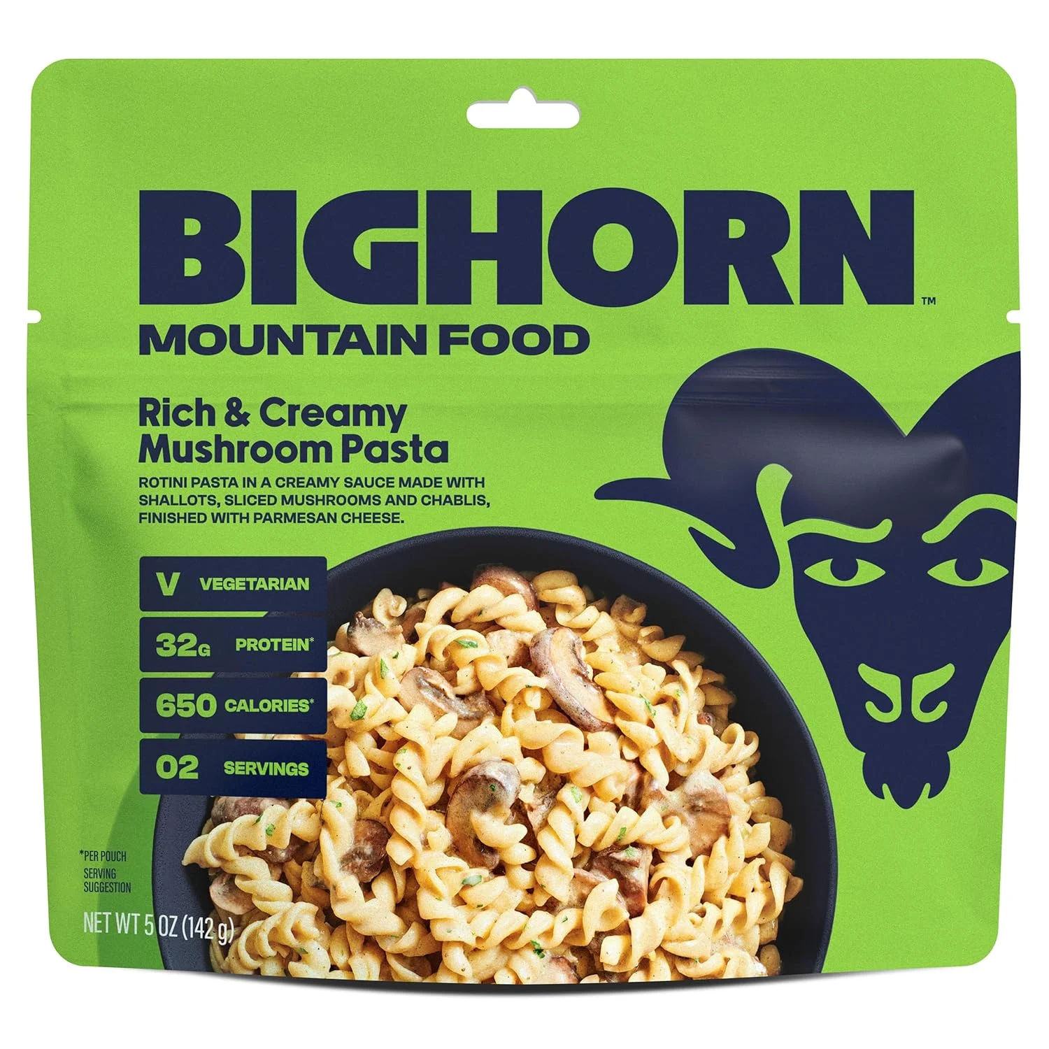 BIGHORN Mountain Food Vegetarian Creamy Mushroom Pasta - premium freeze dried meals for backpacking food - vegetarian backpacking meals - ideal camping meals just add water - great taste - 2 servings