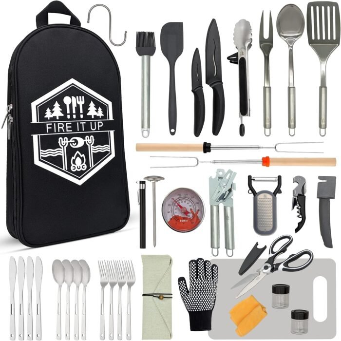 BOMKI Grilling and Camping Cooking Utensils Set for The Outdoors BBQ - Camping Utensil Set Camping Kitchen Set Cookware Accessories Camping Essentials Camping Stuff Camp Cooking Set (Black Pro)