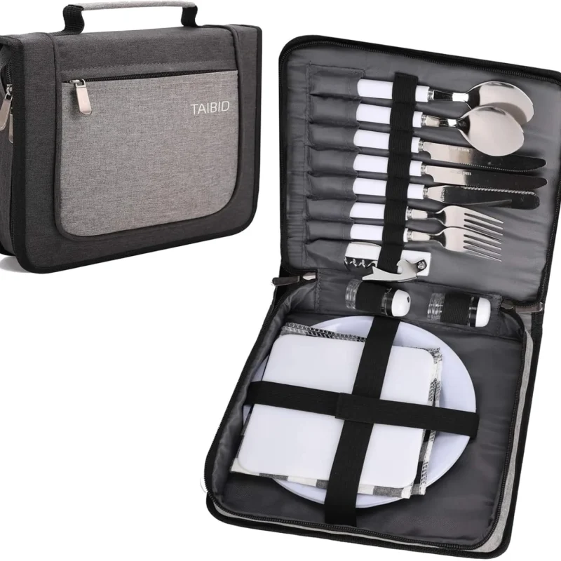 BRONZY TAIBID Picnic Set Camping Cutlery Organizer 2 Person Dinnerware Set - 16pcs Mess Kit,Portable Eating Set with Plates,Spoons,Knives,Wine Opener,Forks,Napkins (Black) (2 Person, Black)