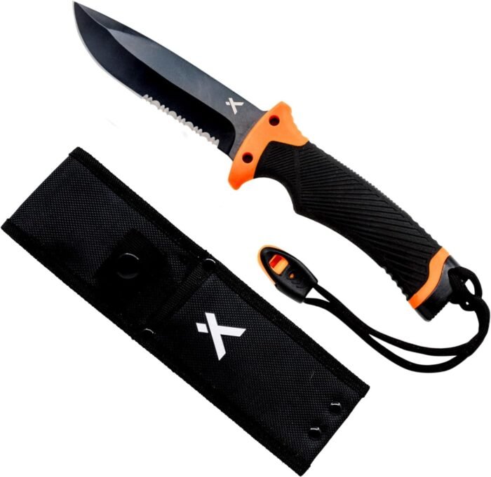 Bear Grylls Ultimate Knife - Fixed Blade Knife, Full Tang Knife with Serrated Edge, Fire Striking Edge, and Emergency Whistle, Includes Sheath - 4.75” Blade, Stainless Steel Blade, Black