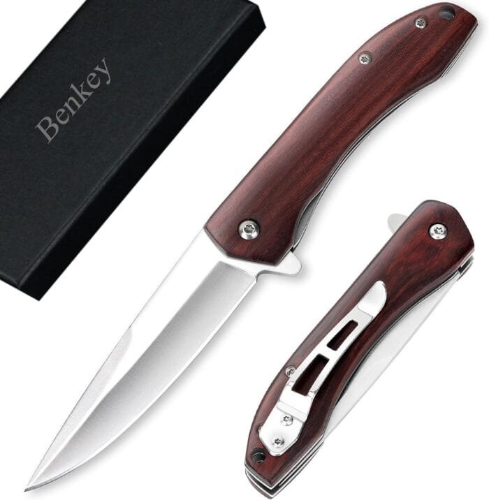 Benkey Folding Pocket Knife, Sharp and Solid D2 Blade Wood Handle, Flipper Camping Folding Knife with Liner Lock Good for EDC Outdoor Survival Camping Collection