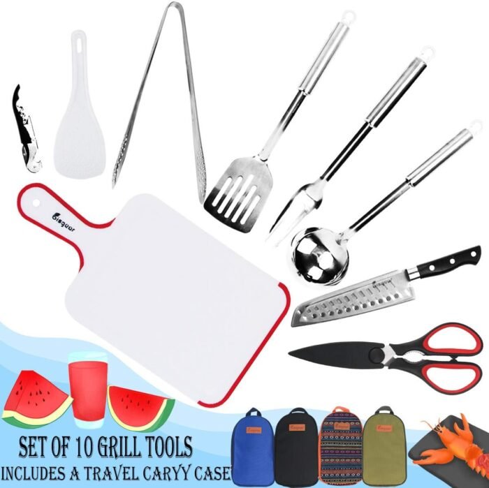 Bisgear Backpacking Camping Cookware Camp Kitchen Utensil BBQ Organizer Travel Mess Kit with Water Resistant Case, Cutting Board, Rice Paddle, Tongs, Scissors, Knife, Spork - Image 2