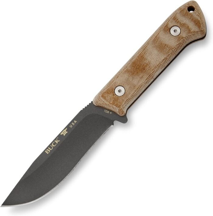 Buck Knives 104 Compadre Camp Knife with 4-1/2" Cobalt Grey Cerakote Coated 5160 Steel Fixed Blade, Natural Micarta Handle, Genuine Leather Sheath Included