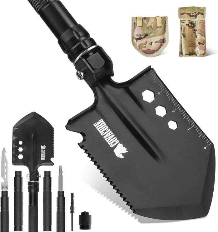 COVACURE Survival Shovel Multi-Purpose Camping Shovel - Unbreakable Tactical Shovel Heavy Duty Survival Camping Gear for Off-Roading, Camping, Gardening, Hiking, Outdoor