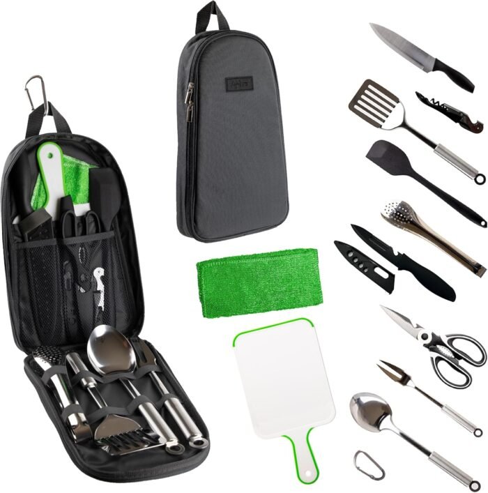 Camp Cooking Utensil Set & Outdoor Kitchen Gear Cookware Kit, Portable Compact Carry Case for Camping, Hiking, Travel, BBQ Grilling Stainless Steel Accessories Spoon & Fork