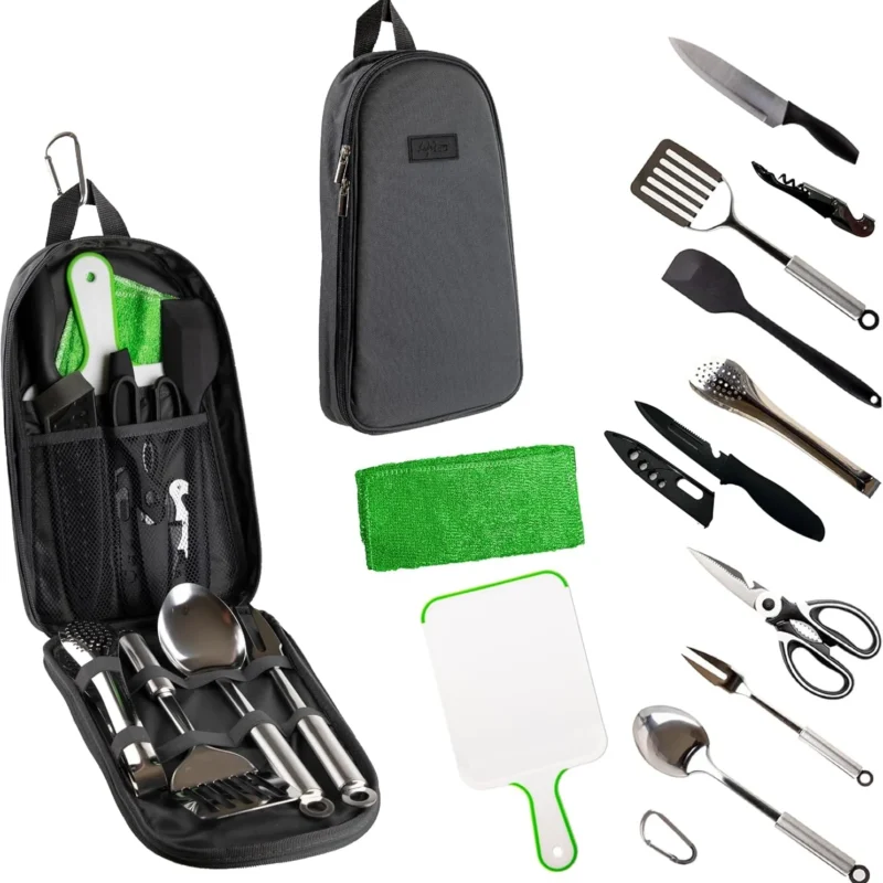 Camp Cooking Utensil Set & Outdoor Kitchen Gear Cookware Kit, Portable Compact Carry Case for Camping, Hiking, Travel, BBQ Grilling Stainless Steel Accessories Spoon & Fork
