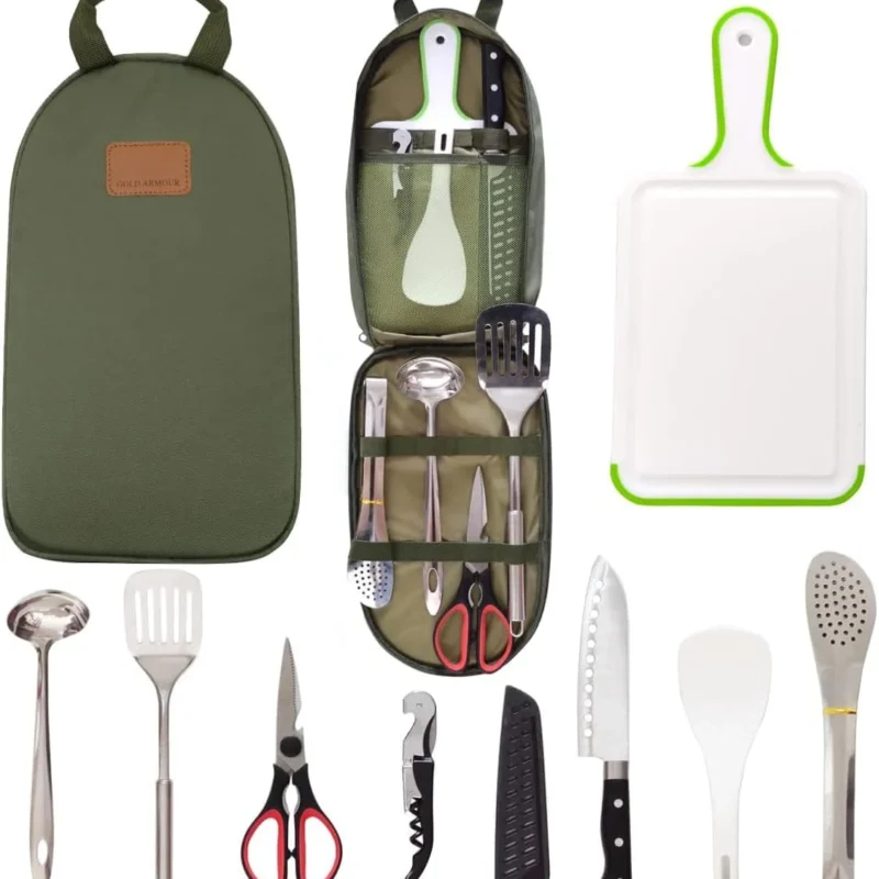 Camp Kitchen Utensil Organizer Travel Set Portable Bbq Camping Cookware Stainless Steel Utensils Travel Kit Outdoor Equipment Cutting Board Tongs Scissors Knife Ladle Spatula