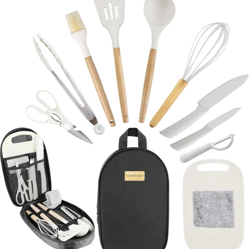 Camping Accessories Kitchen Cooking Utensils Set - Portable Outdoor Camp Cookware Set, Silicone Camper Essentials Gear Must Have Supplies for Travel RV BBQ Grill Picnic Hiking