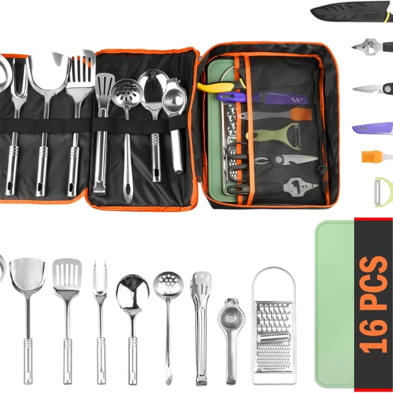 Camping Cooking Utensil Set 16 PCS Camp Kitchen Utensils Kit with Organizer Case Bag, Portable RV Camping Cooking Essentials Accessories for Cookouts Stainless Steel