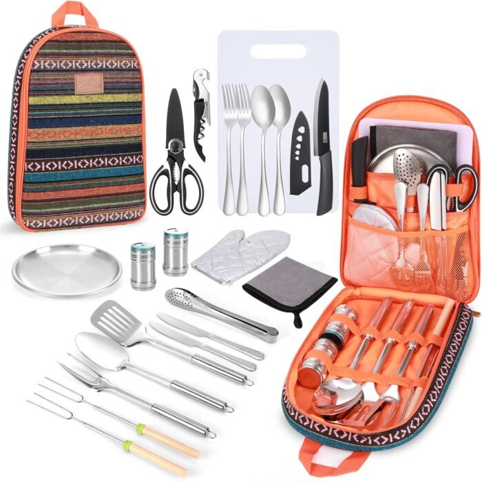 Camping Cooking Utensils Set Camping Essentials Camping Accessories Gear Must Haves Camper Tent for Camp Kitchen Cooking and Grilling, Ideal Gift for RV Tent Camper, Picnics, BBQs