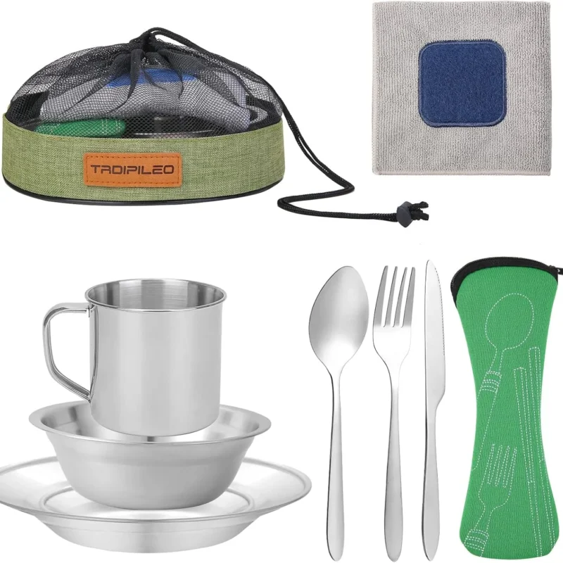Camping Cutlery Set, 8 Piece Stainless Steel Cutlery Set Including Cutlery Spoons Mug Bowls & Plates Rags, Organizer Straps Easy to Carry for Backpacking, Camping, Hiking and Picnics
