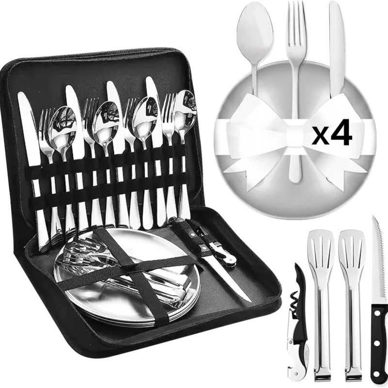 Camping Dishes Set for 4, 20PCS Camping Plates and Utensils with Camp Organizer Camping Dinnerware Set for 4, Camping Tableware Stainless Steel Camping Plates for Camping/Picnic/Hiking