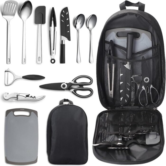 Camping Essentials, Evanda Camping Cooking Utensils, Travel Essentials, Portable Camping Kitchen Utensil Set for Travel, Picnics, RVs, Camping, BBQs, Parties