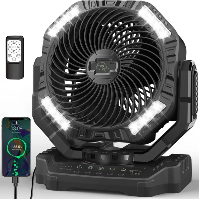 Camping Fan 40000mAh Battery Rechargeable Fan, Battery Powered Outdoor Tent Fan with LED Light, Auto-Oscillation, Remote, Portable Cordless Fan for Travel Camp Garage Patio Jobsite Hurricane