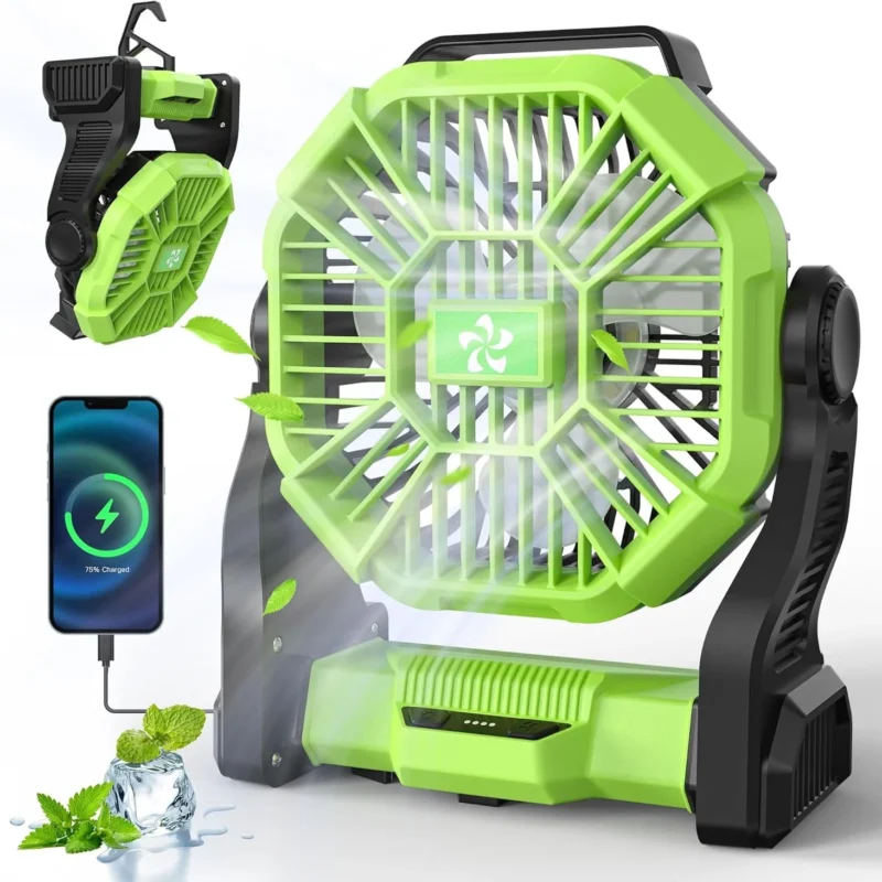 Camping Fan Battery Powered Fan with LED Lantern, 10400mAh Portable Camping Fan for tents, Timer & Rotation Rechargeable Fan Battery for BBQ or Travel Operated Fan, USB Desk Fan Beach Fan with Hook
