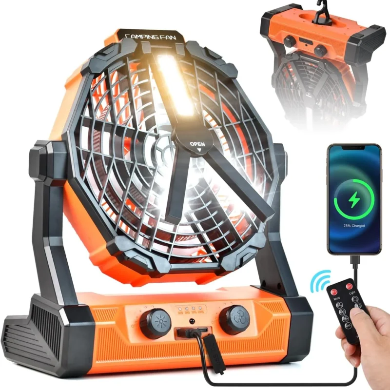 Camping Fan For Tents Rechargeable tent fans for camping hanging Battery Operated Fan 20000mAh With Light/Hook/Remote Auto 60 Hrs Work Cordless Outdoor Fan for Car Travel Hurricane Emergency