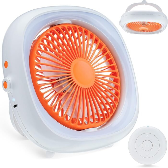 Camping Fan with LED Light,4000mAH Battery Power Portable Fan with Remote Control, 360°Rotatable Cooling Quite Fan, Carry Handle Silent Box Fan for Office Picnic Dorm Indoor Outdoor (Orange)