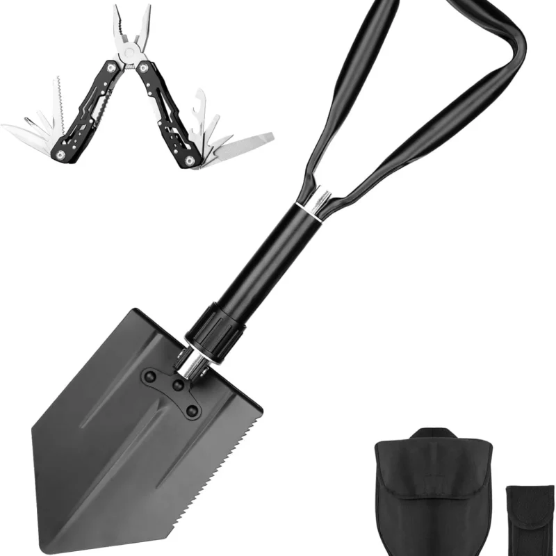 Camping Folding Shovel and 14 in 1 Multifunctional Tool with Safety Lock (Pliers, Pocket Knife, Bottle Opener, etc.) Suitable for Survival, Camping, Hunting, and Hiking (01SH01)