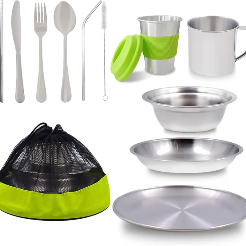 Camping Mess Kit Camping Plates Dishes Stainless Steel Camping Utensils Set Tableware Dinnerware with Bowls Cups Cutlery 1-2 Person for Backpacking, Hiking, Picnic, BBQ, RV Travel