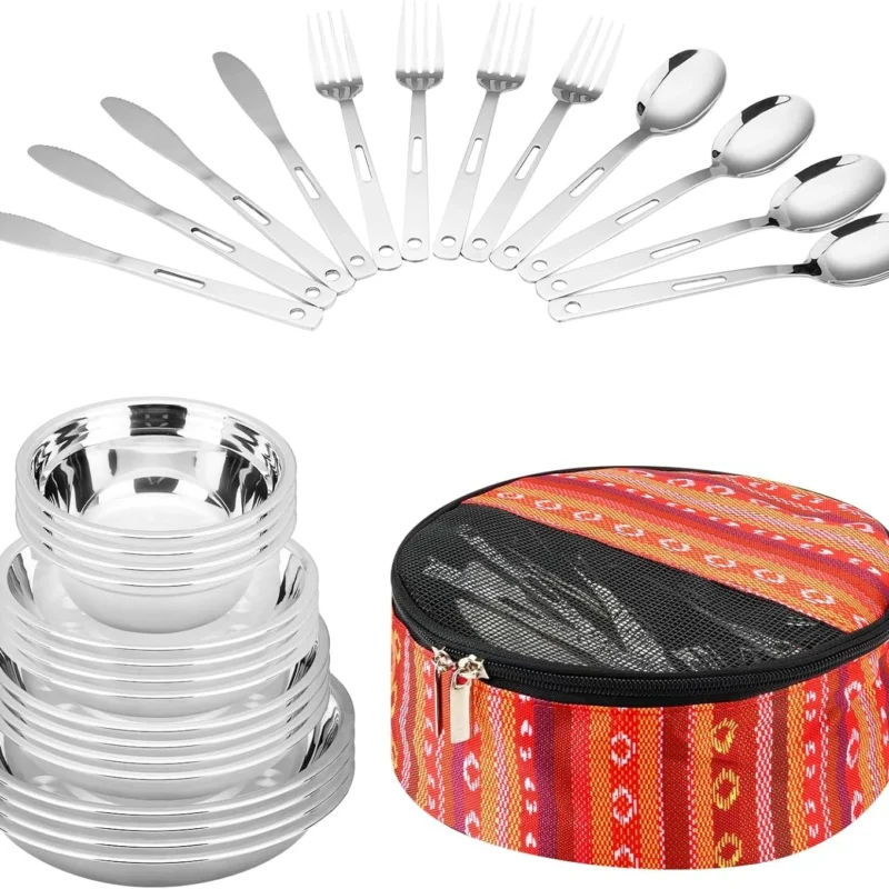 Camping Mess Kits - 28pcs Camping Dinnerware Set Camping Gifts Camping cookware Sets Camping Accessories Camping Cooking Utensils Set Bowls, Plates, Knives, Forks, Spoons