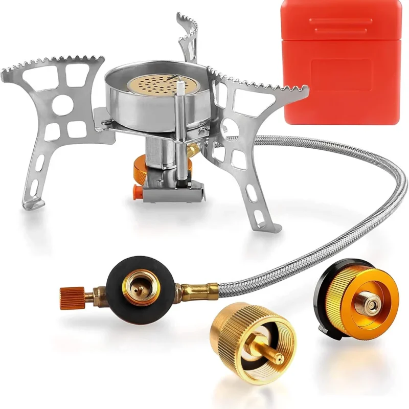 Camping Stove with Fuel Canister Adapter Portable Collapsible Gas Stove with Piezo Ignition-3900W-Lightweight-Windproof-Butane Adapter Camping and Backpacking Mini Stove Kit for Hiking