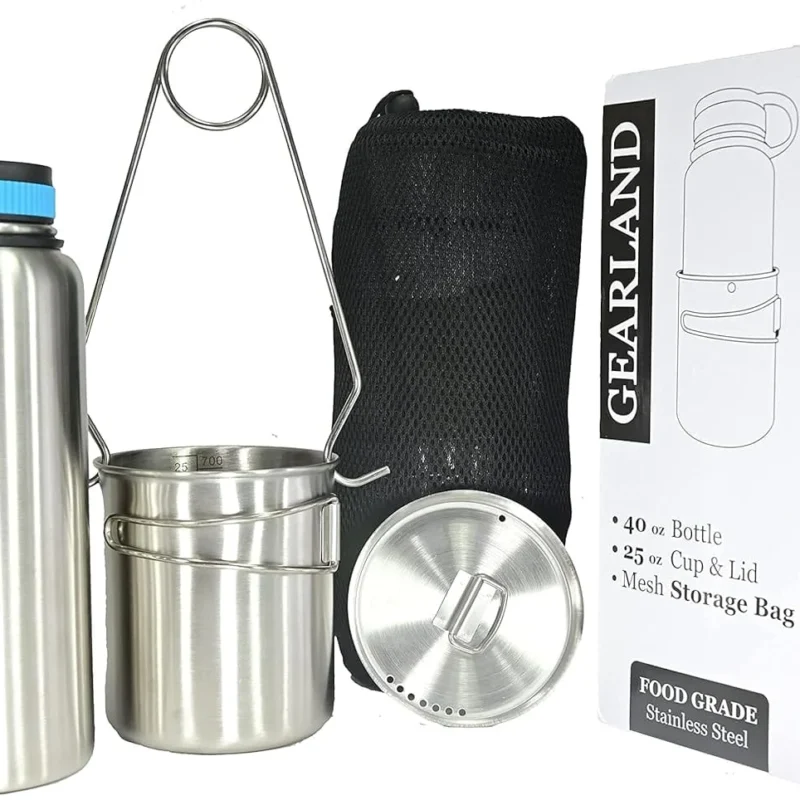 Canteen Stainless Steel Water Bottle with Nested Camping Cup and Lid for Bug Out Bag, Bushcraft Gear, Metal Canteen with a Wide Mouth Water Bottle and Mess Kit
