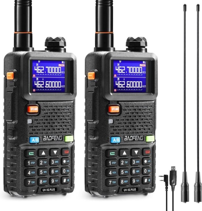 [Chirp Compatible] BAOFENG UV-5G Plus GMRS Handheld Radio, 999 Channels, 5W Long Range Rechargeable Two Way Radio with NOAA Weather Receiving, 2500mAh Battery USB-C Port, 8" & 15.5" Antennas, 2 Pack