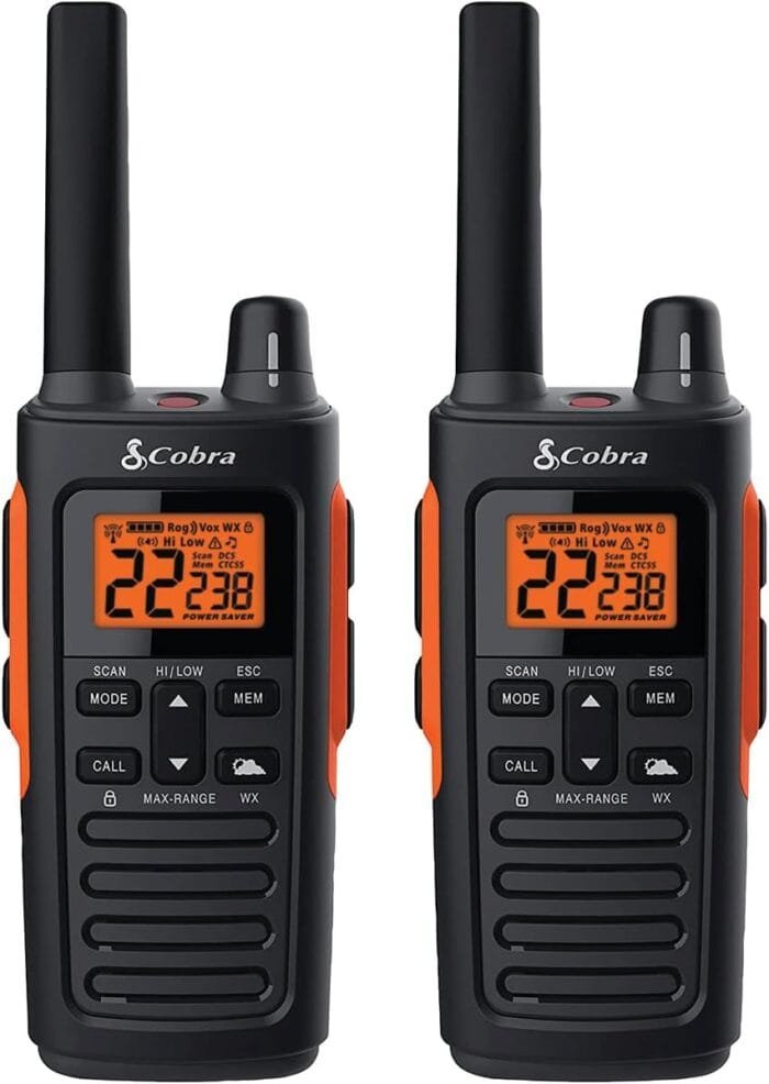 Cobra RX680 Waterproof Walkie Talkies - Rechargeable, 60 Preset Channels, Long Range 38-Mile Two-Way Radio Set (2-Pack),Black and Orange