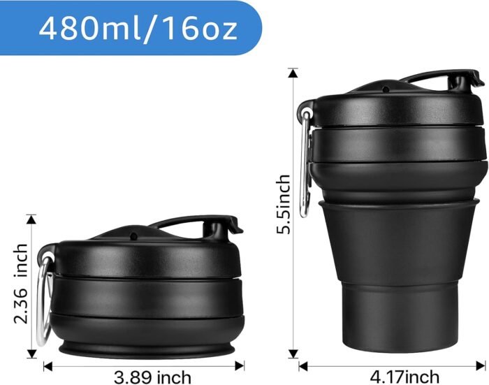 Collapsible Coffee Cup, 16 OZ 480ml Silicone Folding Camping Cup, Leak Proof BPA Free Portable Cup, Travel mug with Lids for hiking (Black) - Image 2