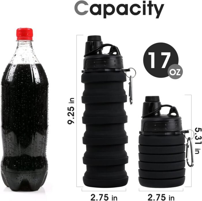 Collapsible Water Bottle for Adults, Boys, Students, Kids, Reusable Silicone Foldable Water Bottles for Travel Camping Hiking, Portable Sports Water Bottle, Black - Image 2