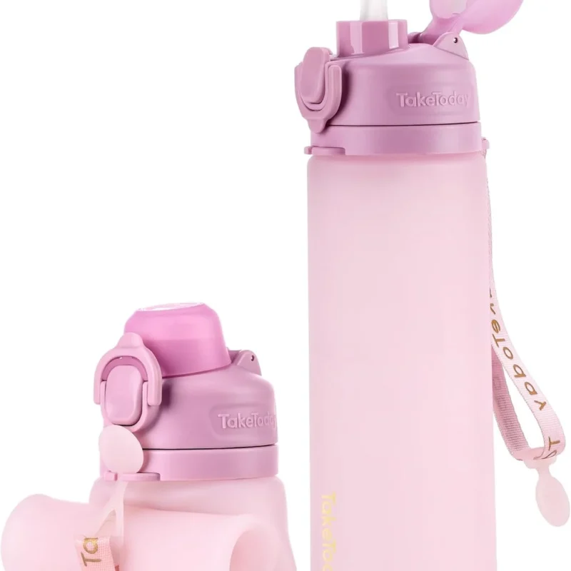 Collapsible Water Bottles 20oz, Leak Proof, BPA-Free, Foldable Silicone Travel Water Bottle with Straw Strap for Cycling, Hiking, Outdoors