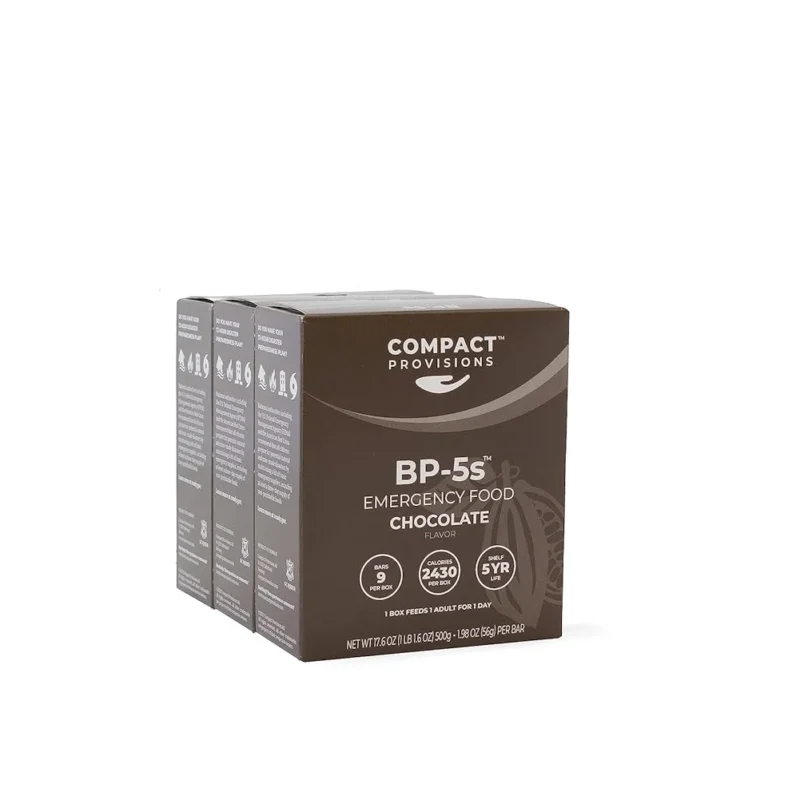 Compact Provisions BP-5s Chocolate 3 Pack Emergency Food Supply and Non-Perishable Survival Rations for Disaster Kits. 2,430 Calories, 63g Protein Per Box.