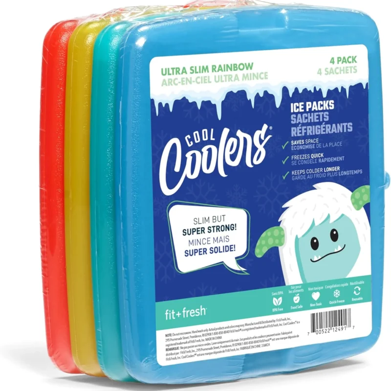 Cool Coolers By Fit & Fresh 4 Pack Slim Ice Packs, Quick Freeze Space Saving Reusable Ice Packs for Lunch Boxes or Coolers, Multi Colored, Single Pack