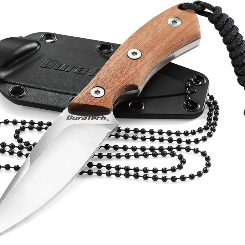 DURATECH Compact Fixed Blade Knife, 6-inch Neck Knife, 3-inch Blade, Full Tang, Wood Handle with Molded Sheath, Necklace and Paracord included, for EDC, Outdoor, Camping, Hiking