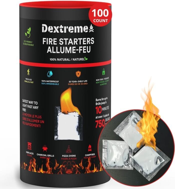 Dextreme Quick Instant Fire Starter - Waterproof All-Purpose Indoor & Outdoor Firestarter, for Charcoal Starter, Campfire, Fireplace, BBQ, Survival and Wood Stove (100 Pcs Tube)