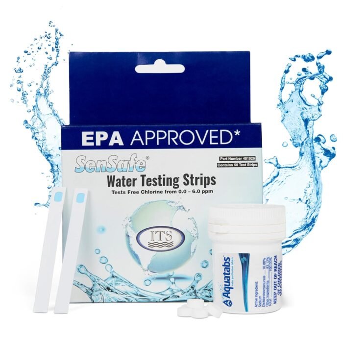 Drinking Water Essentials Kit - 100 Aquatabs Water Purification Tablets + 50 Chlorine Test Strips - for Boat and RV Tanks - by Aquamarine Water Solutions