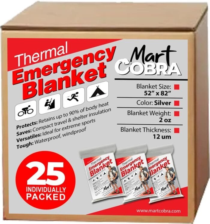 Emergency Blankets for Survival Gear and Equipment x25, Space Blanket, Mylar Blankets, Thermal Blanket, Survival Blanket, Survival Kits Emergency Kit, Emergency Supplies, Foil Blanket Camping Shelter