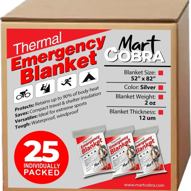 Emergency Blankets for Survival Gear and Equipment x25, Space Blanket, Mylar Blankets, Thermal Blanket, Survival Blanket, Survival Kits Emergency Kit, Emergency Supplies, Foil Blanket Camping Shelter