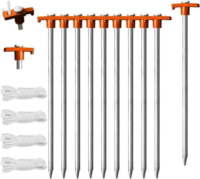 Eurmax USA Galvanized Non-Rust Camping Family Tent Pop Up Tent Stakes Canopy Anchors Heavy Duty 10pc-Pack, with 4x10ft Ropes & 1 Orange Stopper