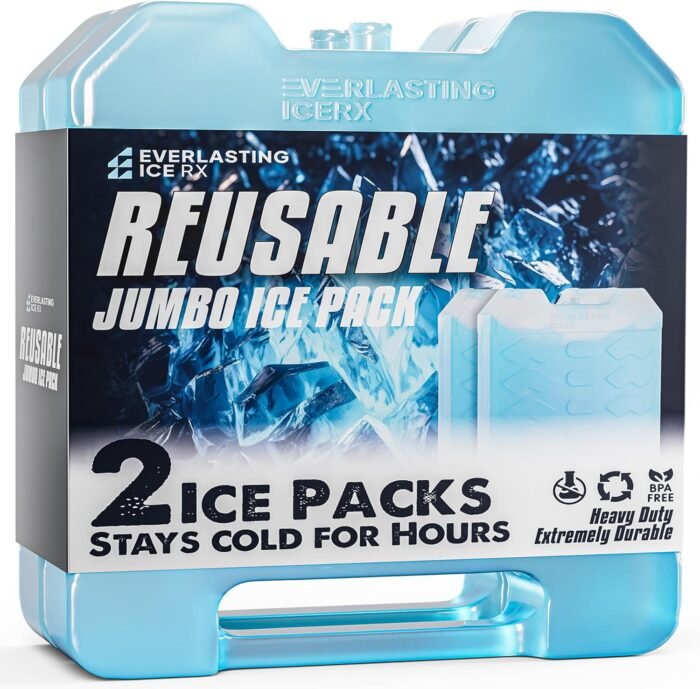 Everlasting Ice RX Large Reusable Ice Packs for Cooler with Handle (4 Pack) Long Lasting Coolness, BPA Free, Freezer Packs for Extended Cooling | Cooler Ice Packs for Camping, Fishing, Hiking, Beach