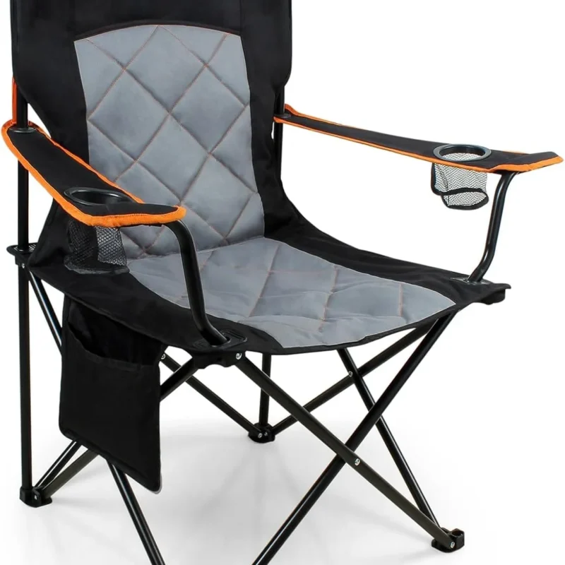 FAIR WIND Oversized Fully Padded Camping Chair, Heavy Duty Quad Fold Chair Arm Chair Support 350 LBS with Cup Holder, Collapsible Lumbar Back Chair Portable for Outdoor, Black