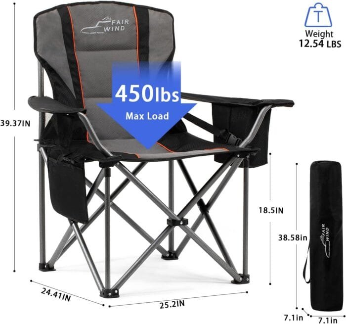 FAIR WIND Oversized Fully Padded Camping Chair with Lumbar Support, Heavy Duty Quad Fold Chair with Cooler Bag, Support 450 LBS, Black - Image 2