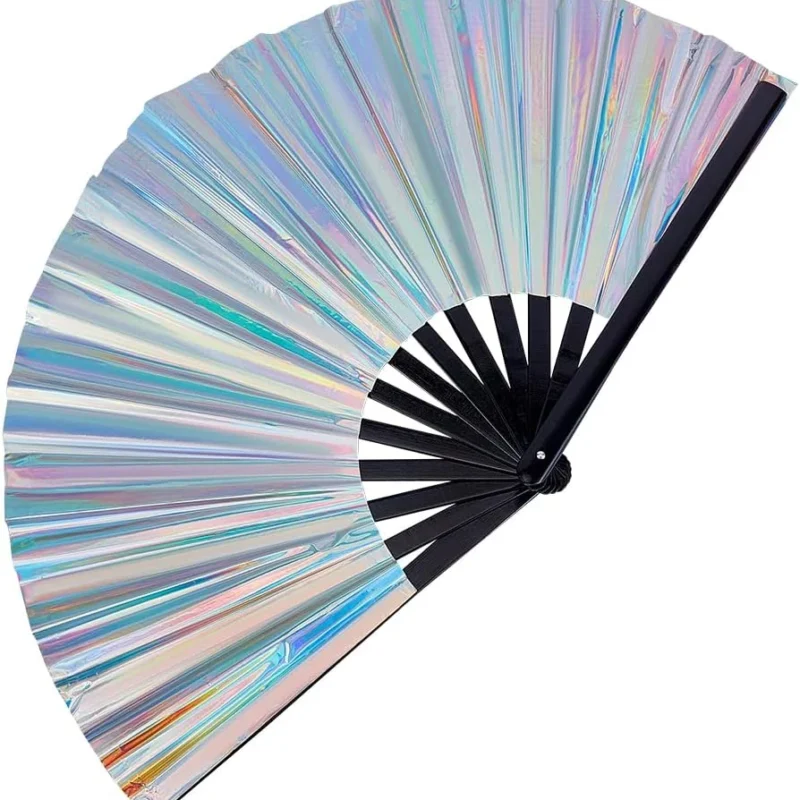 FINGERINSPIRE Large Folding Hand Rave Fan Holographic Clack Handheld Fan Bamboo Foldable Hand Fans Big Iridescent Handheld Fan Holding Hand Fan with Bright Color for Night Club Festival Disco Party