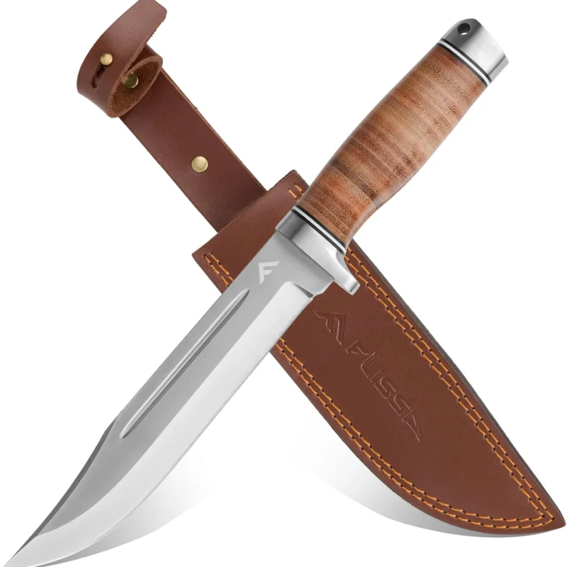 FLISSA 12-Inch Bowie Knife, Full-Tang Fixed Blade Knife with Cow Leather Sheath, Leather Handle, 7CR17MOV Steel Sharp Blade and Lanyard Hole, Fixed Blade Hunting Knife for Camping, Hiking, Survival