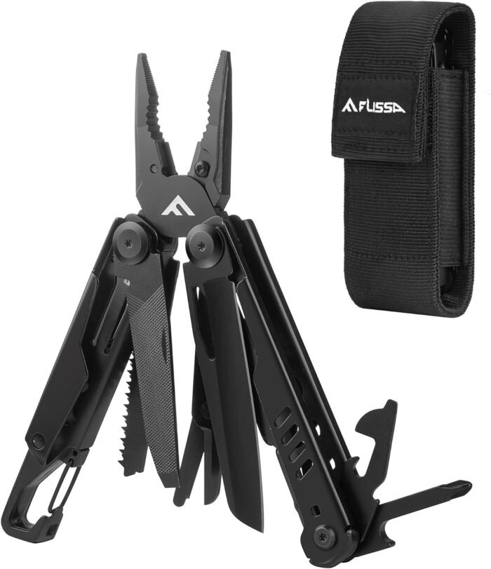 FLISSA 15-in-1 Multi-tool Pliers with Sheath, Portable Pocket Knife with Safety Locking System, Belt Clip and Sheath for Outdoors, Survival, Camping, Fishing, Hunting