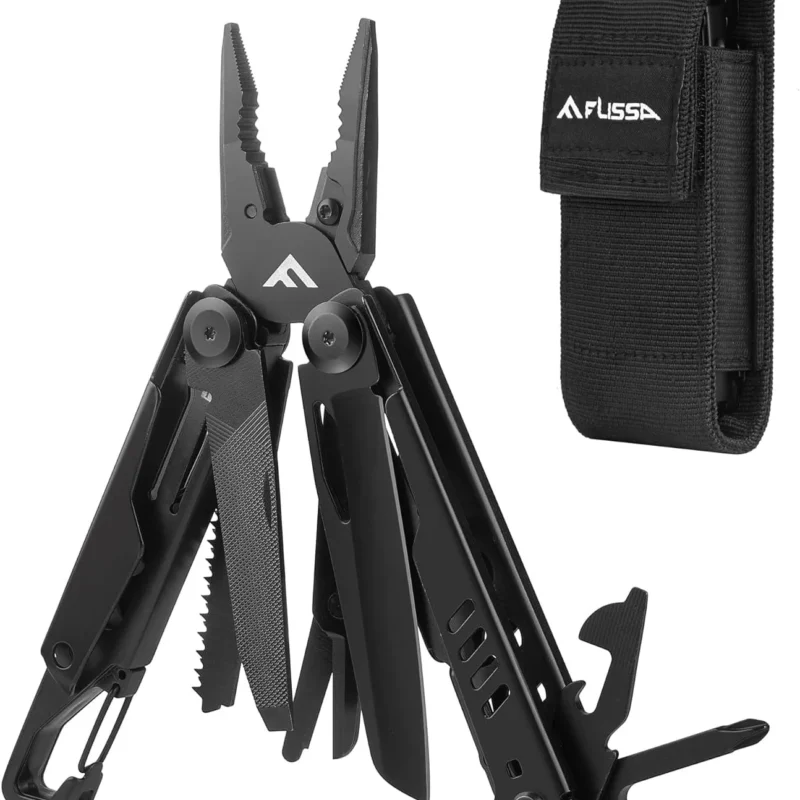 FLISSA 15-in-1 Multi-tool Pliers with Sheath, Portable Pocket Knife with Safety Locking System, Belt Clip and Sheath for Outdoors, Survival, Camping, Fishing, Hunting
