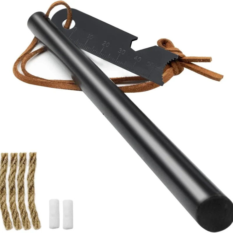 Fire Starter Survival Tool, Ferro Rod Kit with Leather Neck Lanyard and Multi-Tool Striker, Flint and Steel Survival Igniter with Tinder Rope and Tab for Camping, Hiking and Emergency